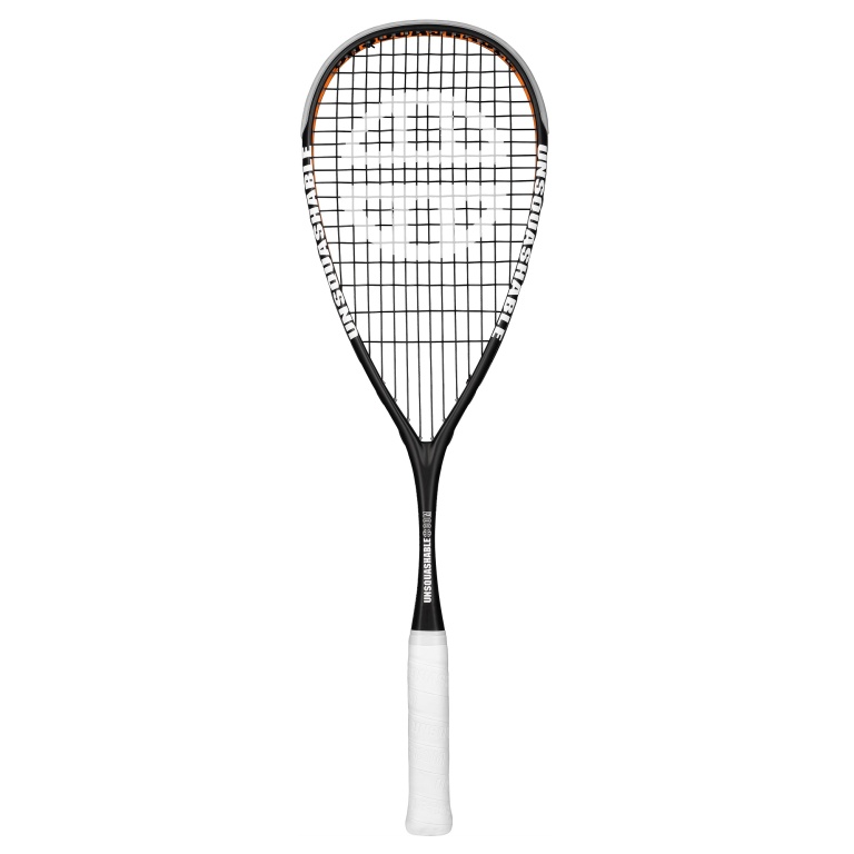 UNSQUASHABLE Rakieta do squasha James Willstrop Hero (130g/z ciężarem na rączce) 2024 czarna/pomarańczowa - naciągnięta -